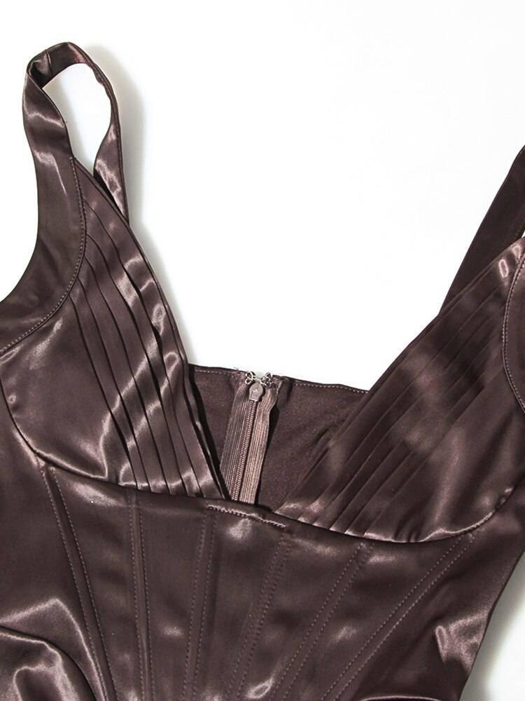 Karlofea Female Summer Stretchy Satin Corset Dress Chic Slit Draped Midi Dress Festival Clothing Sexy V Neck Club Party Dresses