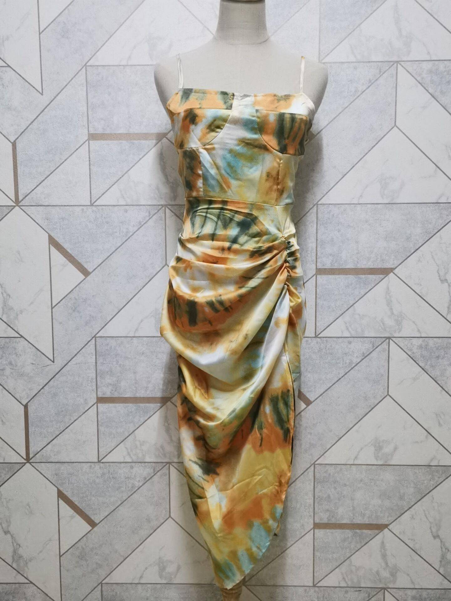 2020 Women Vintage Yellow Tie dye Flower print Spaghetti Strap Dress Hem Slim Waist Slit Irregular Long Dresses Sling Vestido