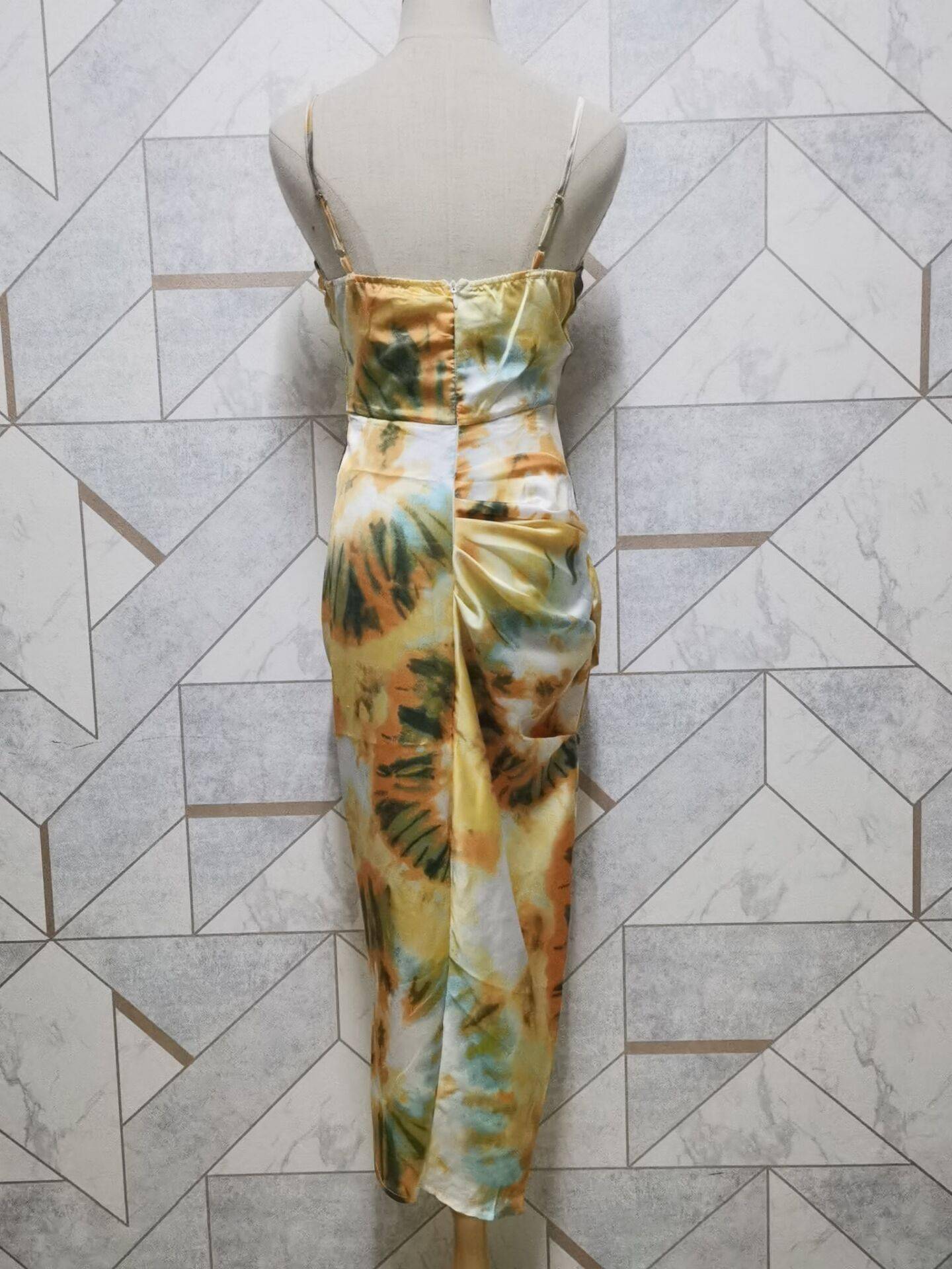 2020 Women Vintage Yellow Tie dye Flower print Spaghetti Strap Dress Hem Slim Waist Slit Irregular Long Dresses Sling Vestido