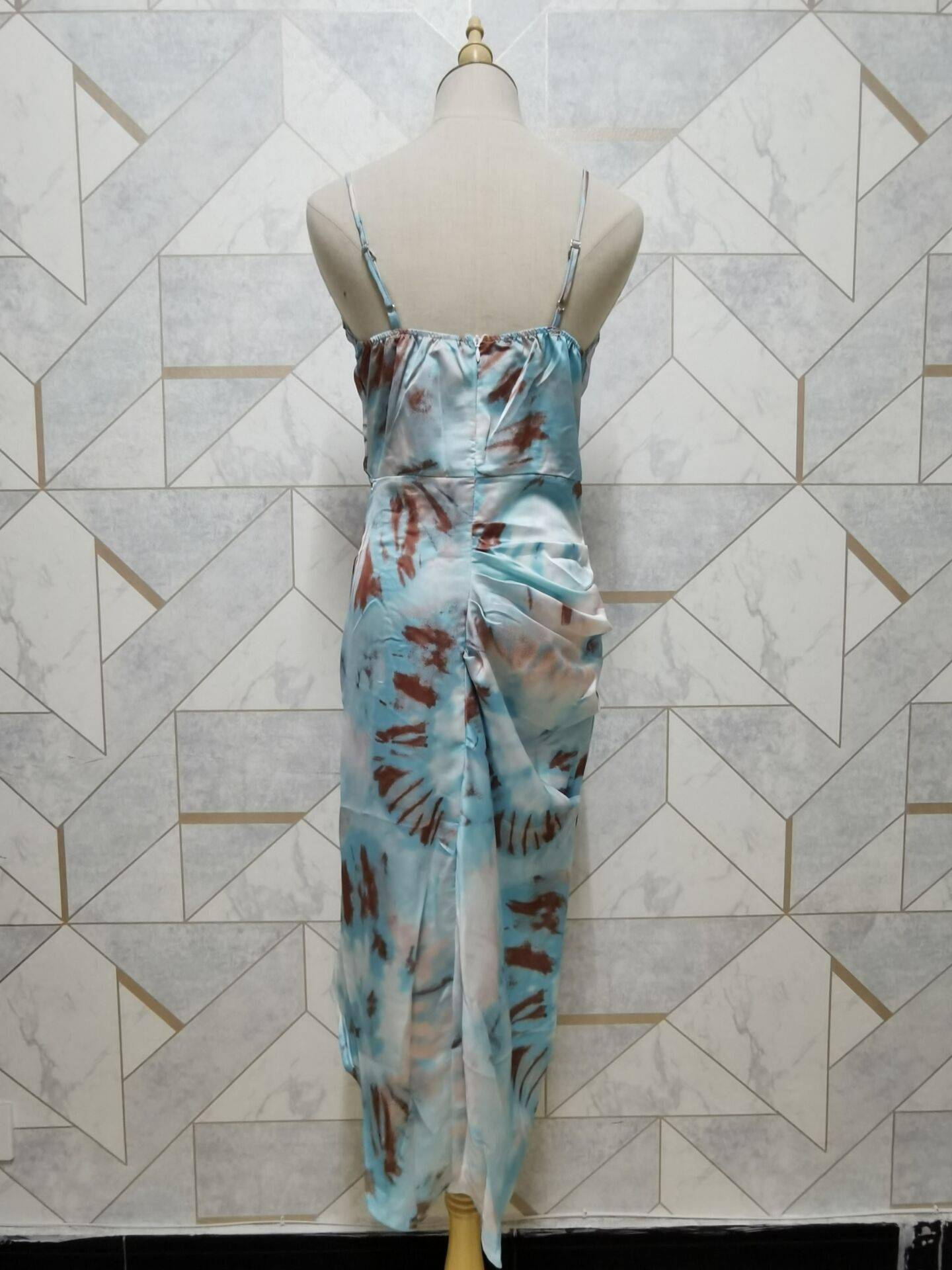 2020 Women Vintage Yellow Tie dye Flower print Spaghetti Strap Dress Hem Slim Waist Slit Irregular Long Dresses Sling Vestido