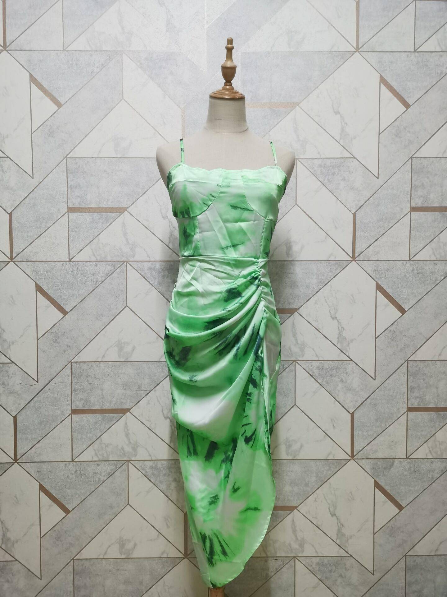 2020 Women Vintage Yellow Tie dye Flower print Spaghetti Strap Dress Hem Slim Waist Slit Irregular Long Dresses Sling Vestido