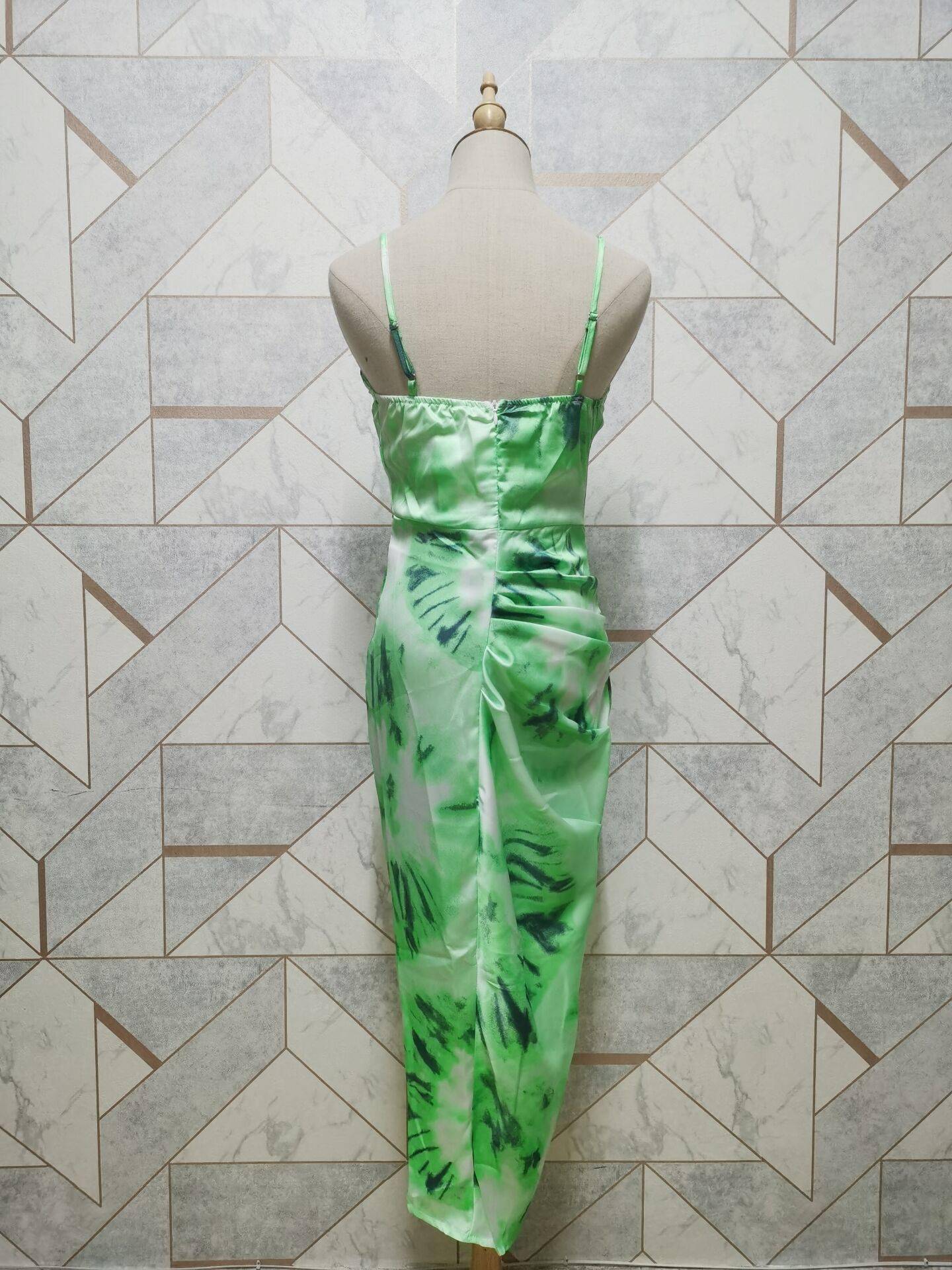 2020 Women Vintage Yellow Tie dye Flower print Spaghetti Strap Dress Hem Slim Waist Slit Irregular Long Dresses Sling Vestido