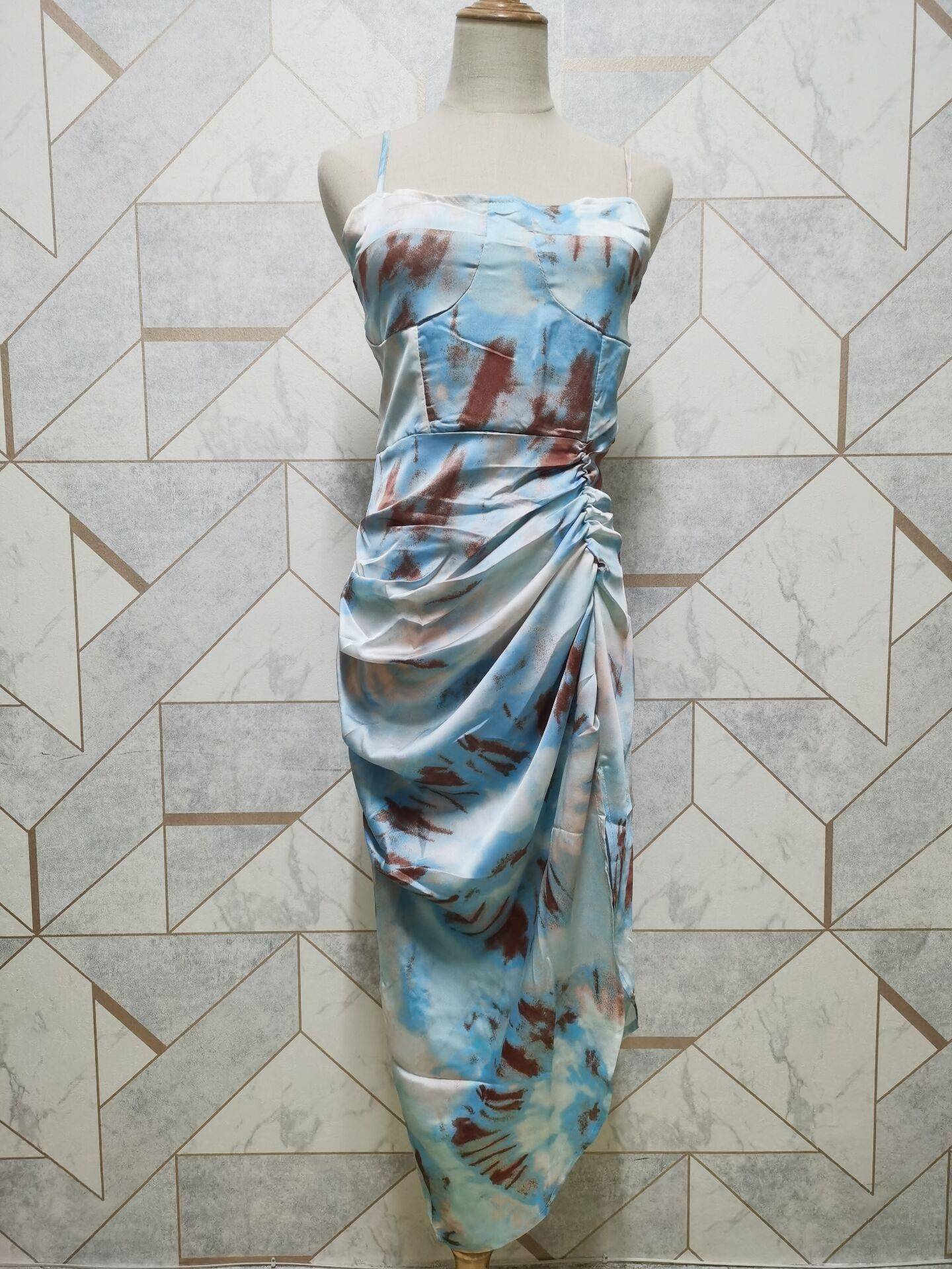 2020 Women Vintage Yellow Tie dye Flower print Spaghetti Strap Dress Hem Slim Waist Slit Irregular Long Dresses Sling Vestido