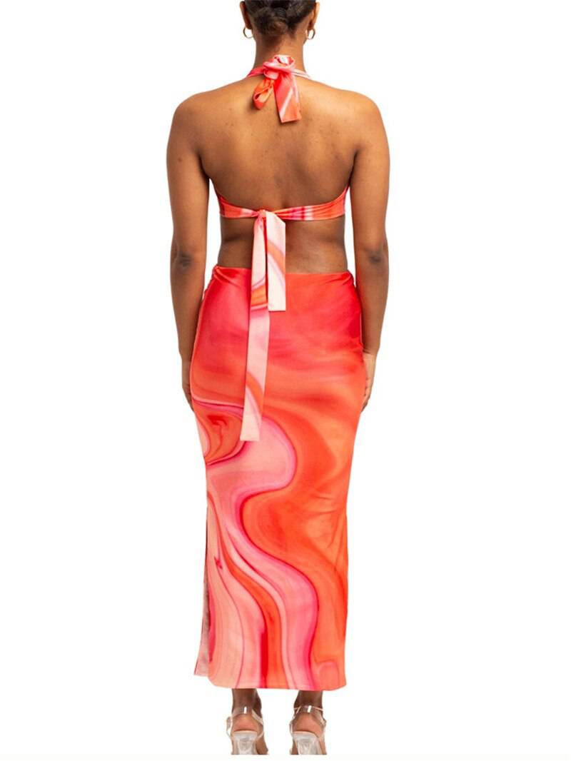 Summer Dress Tie Dye Waist Cut Out Backless Halter Robe OUT0867 ...