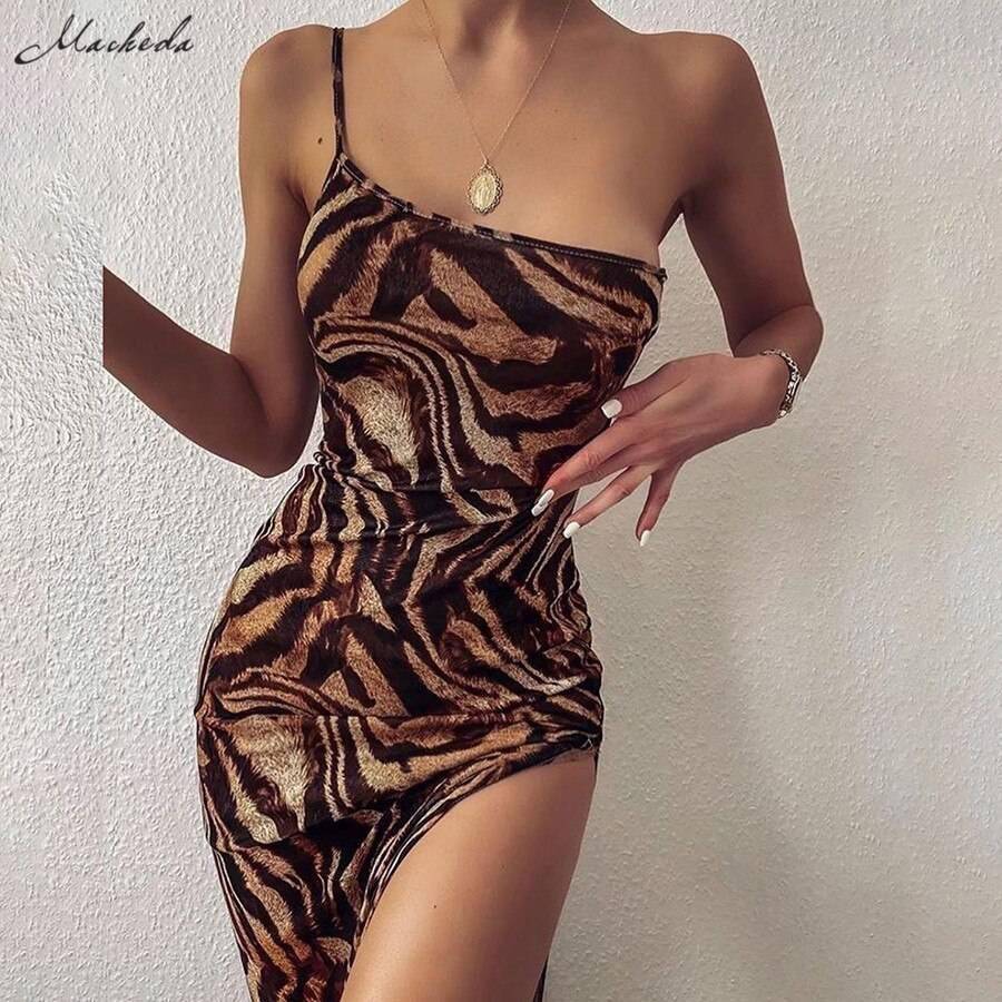 One Shoulder Leopard Print Sling Bodycon Dress OUT0868 One Shoulder Leopard Print Sling Bodycon Dress OUT0868
