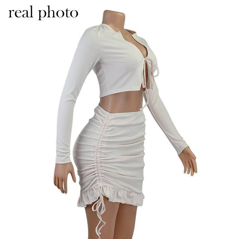 Simenual Ruffles Ruched Drawstring Club Women Matching Sets Long Sleeve Sexy Party Skinny V Neck Top And Skirts 2 Piece Outfits