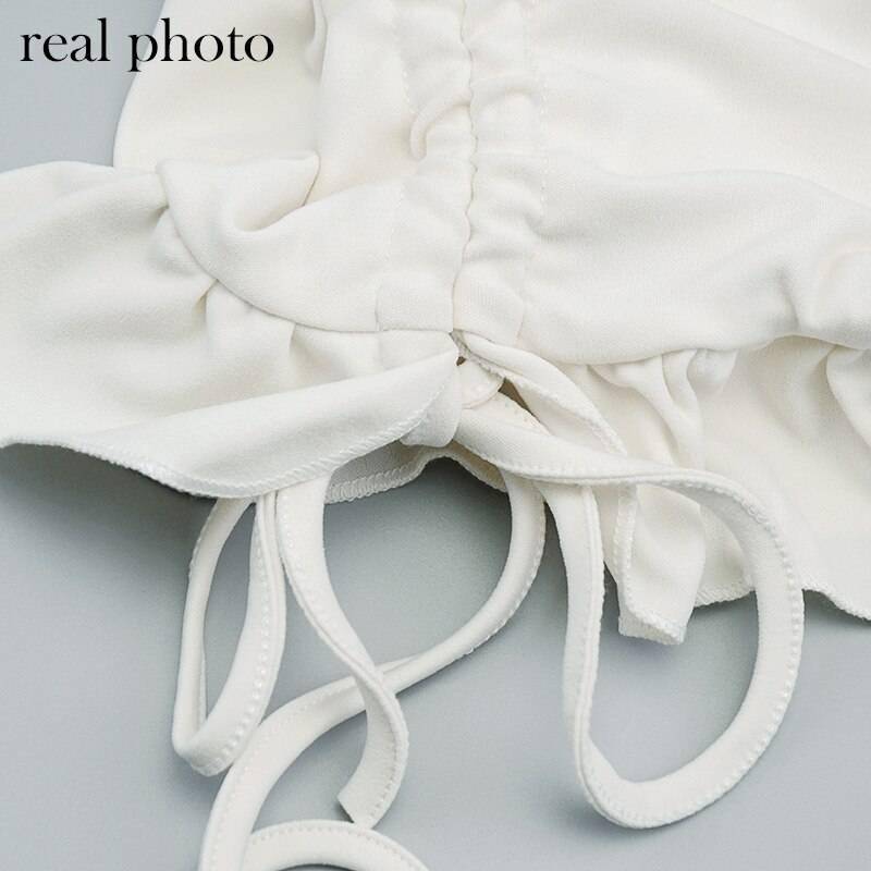 Simenual Ruffles Ruched Drawstring Club Women Matching Sets Long Sleeve Sexy Party Skinny V Neck Top And Skirts 2 Piece Outfits