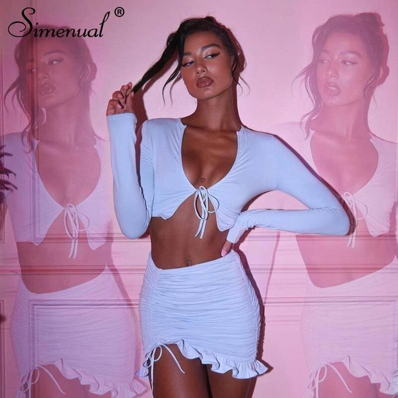 Simenual Ruffles Ruched Drawstring Club Women Matching Sets Long Sleeve Sexy Party Skinny V Neck Top And Skirts 2 Piece Outfits