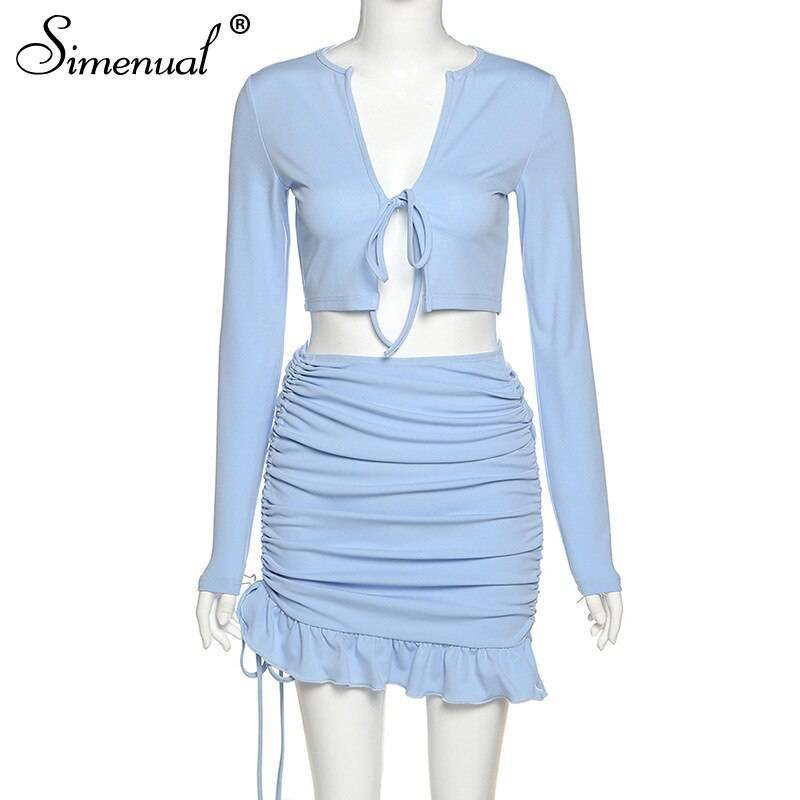 Simenual Ruffles Ruched Drawstring Club Women Matching Sets Long Sleeve Sexy Party Skinny V Neck Top And Skirts 2 Piece Outfits