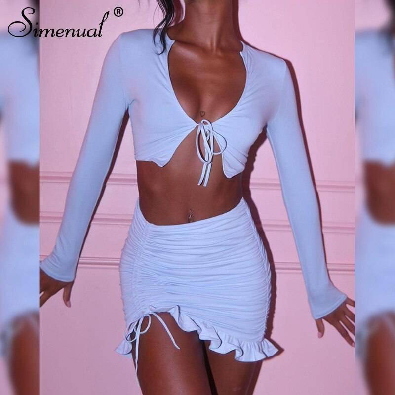 FREE SHIPPING Two Piece Ruffles Dress Long Sleeve Top And Skirts OUT0869