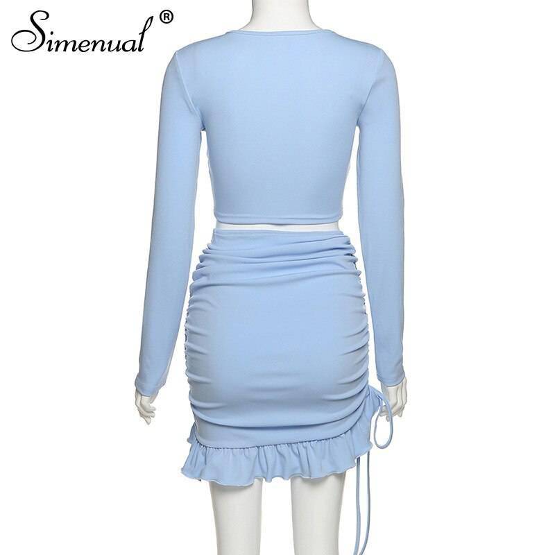 Simenual Ruffles Ruched Drawstring Club Women Matching Sets Long Sleeve Sexy Party Skinny V Neck Top And Skirts 2 Piece Outfits