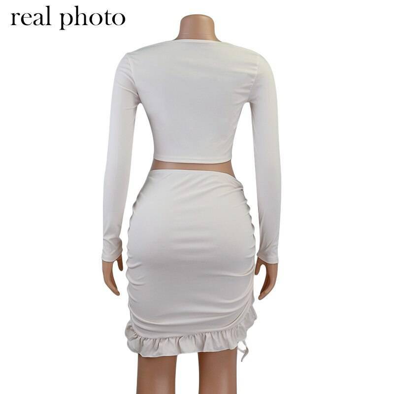 Simenual Ruffles Ruched Drawstring Club Women Matching Sets Long Sleeve Sexy Party Skinny V Neck Top And Skirts 2 Piece Outfits