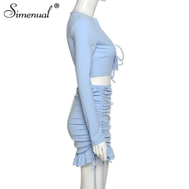 Simenual Ruffles Ruched Drawstring Club Women Matching Sets Long Sleeve Sexy Party Skinny V Neck Top And Skirts 2 Piece Outfits