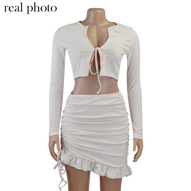 FREE SHIPPING Two Piece Ruffles Dress Long Sleeve Top And Skirts OUT0869