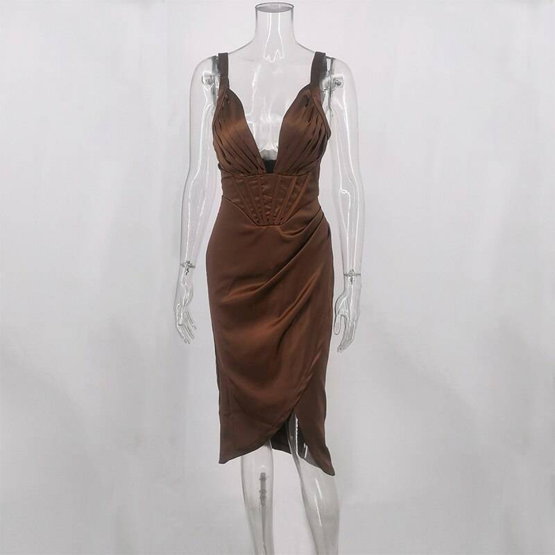 Townlike Stretch Satin Elegant Dress Women High Split Deep V Neck Sexy Party Dress 2021 Summer Dresses With Fishbone Vestidos