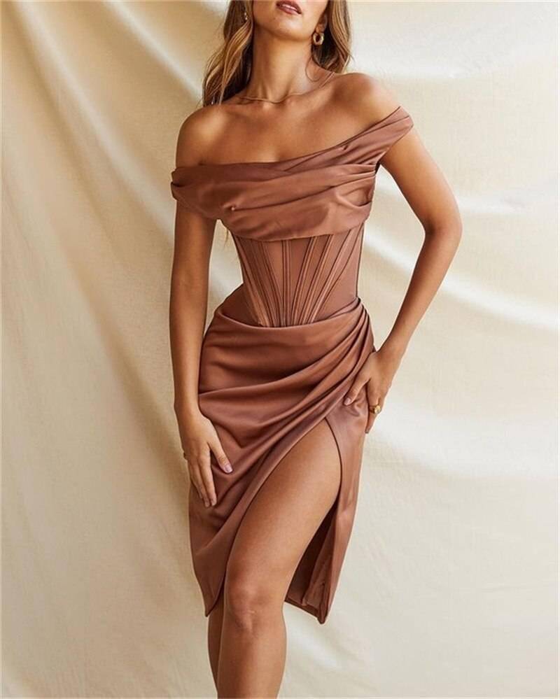 Townlike Stretch Satin Elegant Dress Women High Split Deep V Neck Sexy Party Dress 2021 Summer Dresses With Fishbone Vestidos