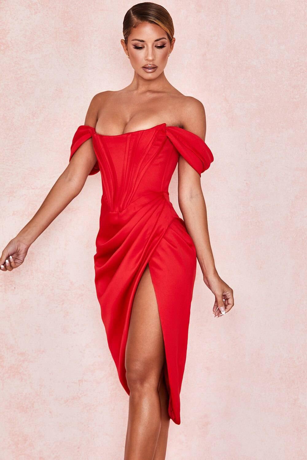 Townlike Stretch Satin Elegant Dress Women High Split Deep V Neck Sexy Party Dress 2021 Summer Dresses With Fishbone Vestidos