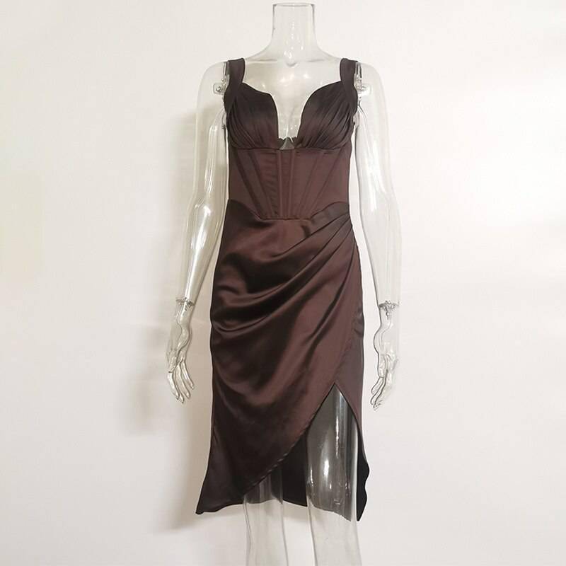 Townlike Stretch Satin Elegant Dress Women High Split Deep V Neck Sexy Party Dress 2021 Summer Dresses With Fishbone Vestidos