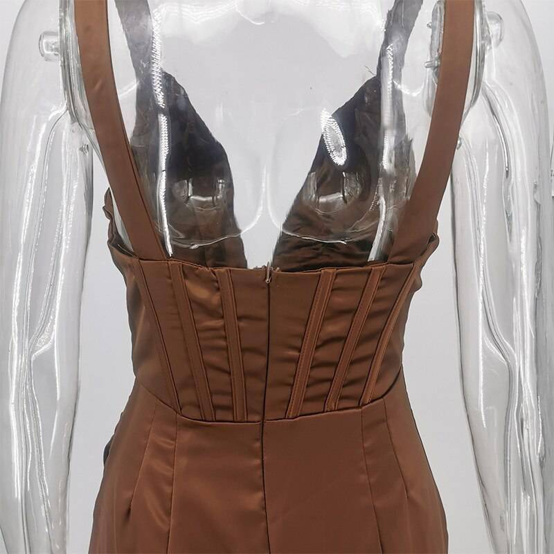 Townlike Stretch Satin Elegant Dress Women High Split Deep V Neck Sexy Party Dress 2021 Summer Dresses With Fishbone Vestidos