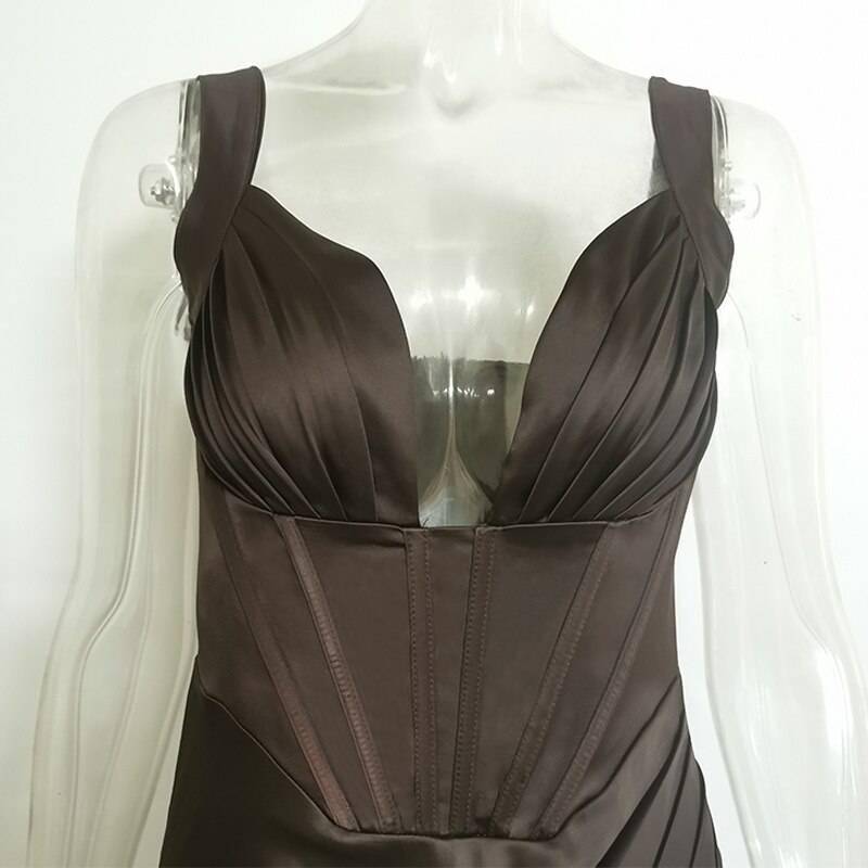 Townlike Stretch Satin Elegant Dress Women High Split Deep V Neck Sexy Party Dress 2021 Summer Dresses With Fishbone Vestidos