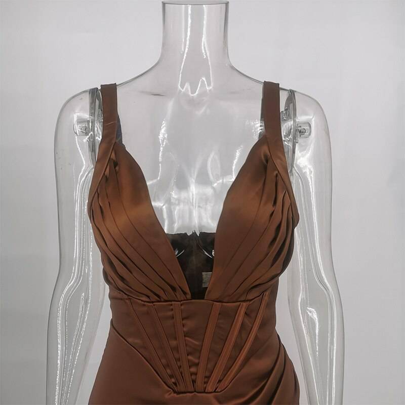 Townlike Stretch Satin Elegant Dress Women High Split Deep V Neck Sexy Party Dress 2021 Summer Dresses With Fishbone Vestidos