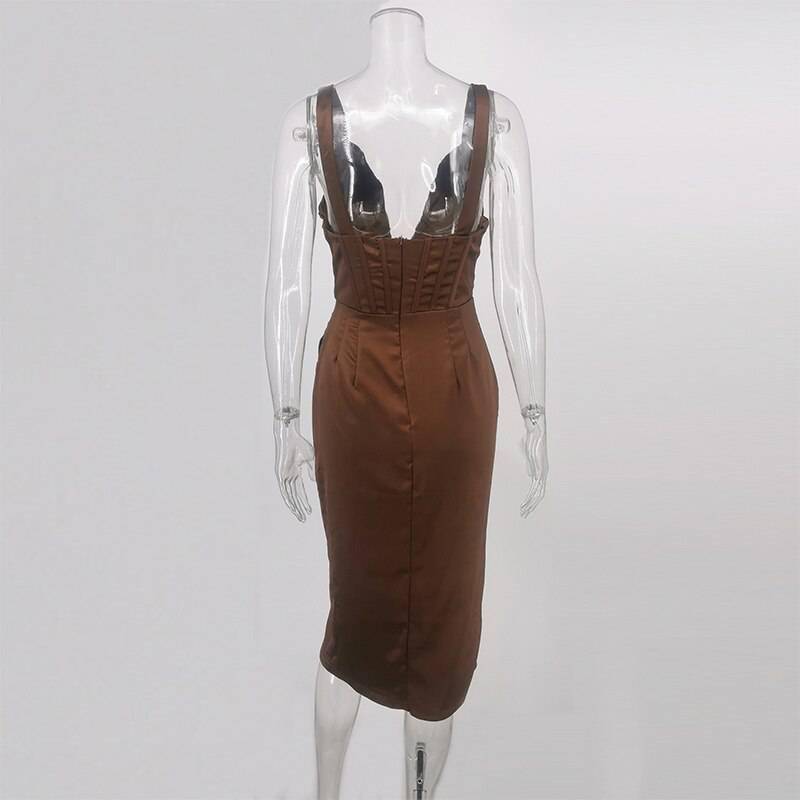 Townlike Stretch Satin Elegant Dress Women High Split Deep V Neck Sexy Party Dress 2021 Summer Dresses With Fishbone Vestidos