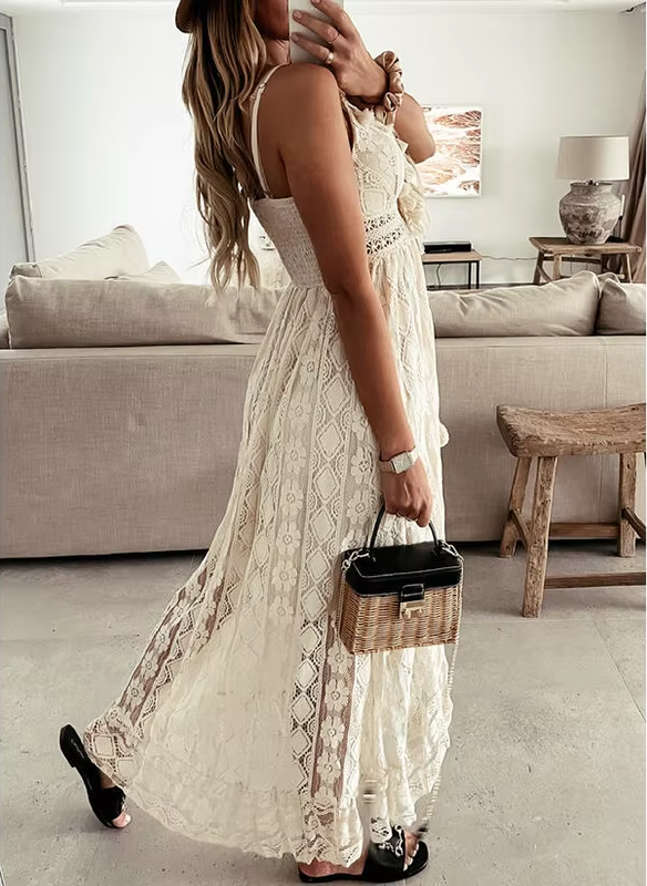 White Lace V-Neck Long Dress Sleeveless Boho Ruffle Maxi Dress for Summer Holidays for Women OUT1025