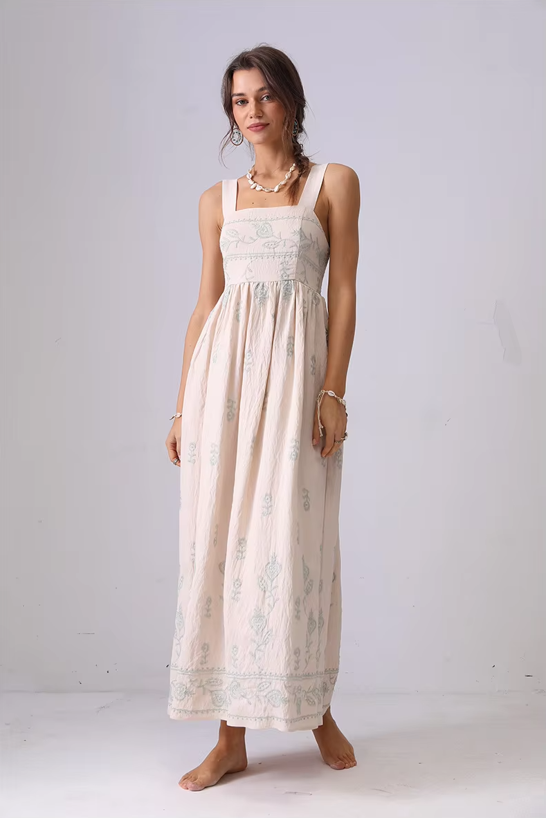Vintage Boho French Summer Dress for Women Floral Embroidered Backless Strappy Holiday Dress OUT1026