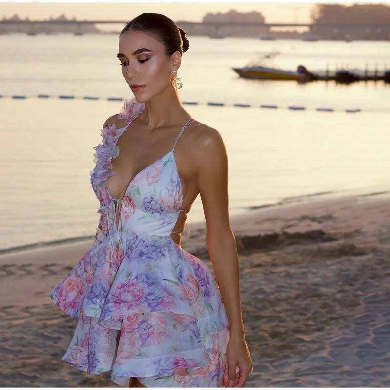 Flower Printed Short Puff Sleeve Mini Dress Women V Neck Beach Holiday Summer Short Vestido 2025 Seaside A-line Sexy Casual Gown Flower Printed Short Puff Sleeve Mini Dress Women V Neck Beach Holiday Summer Short Vestido 2025 Seaside A-line Sexy Casual Gown