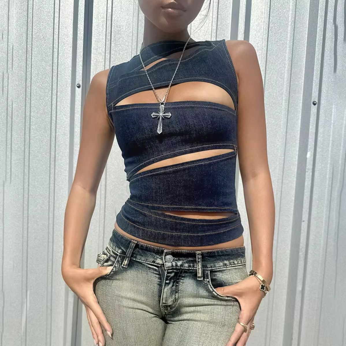 Y2K Sleeveless Streetwear Cut Out Denim Tank Top Round Neck Solid Color OUT1030
