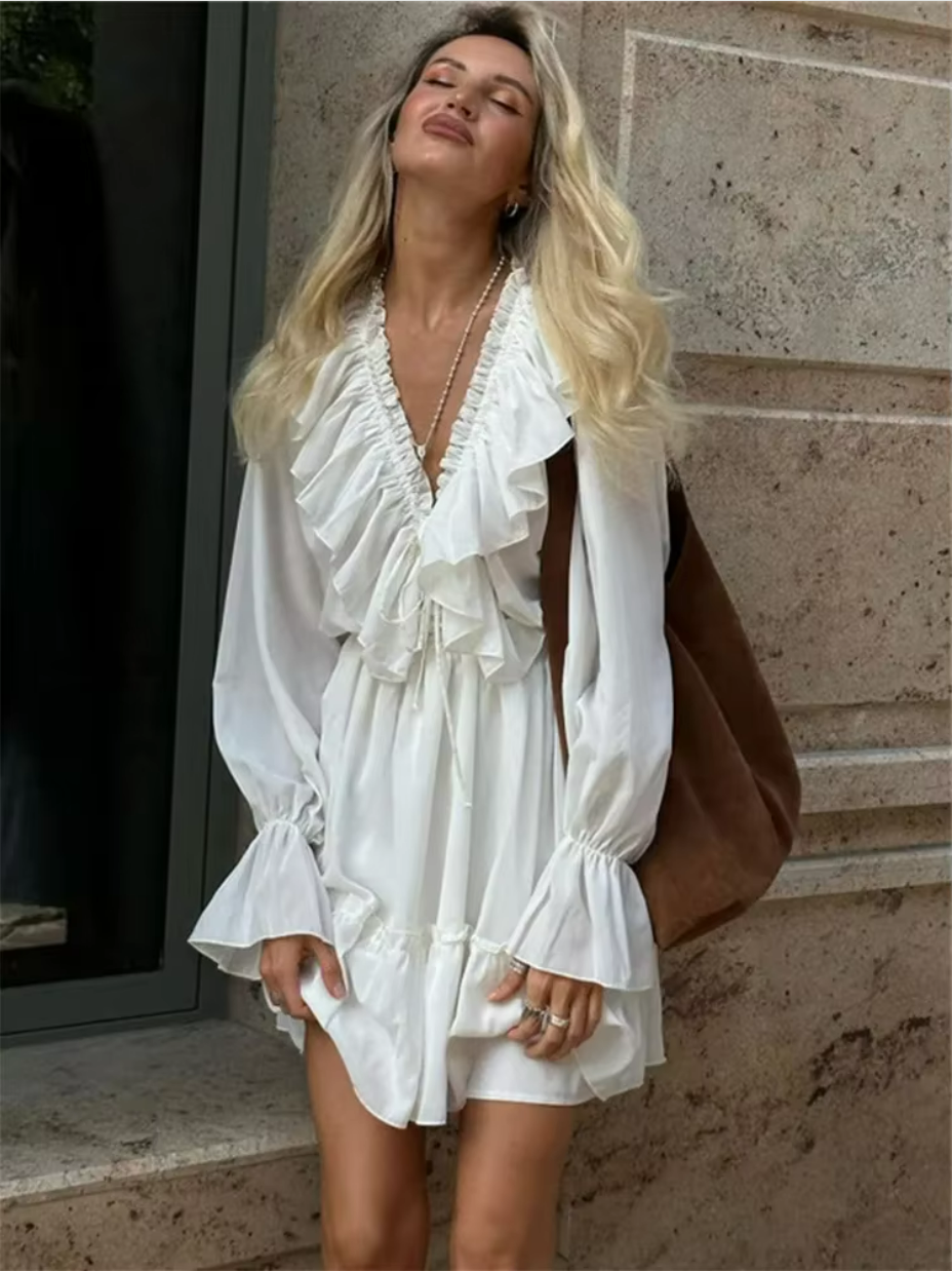 Women White Ruffle V-Neck Mini Dress Boho Long Sleeve Flowy Summer Dress OUT1033 Women White Ruffle V-Neck Mini Dress Boho Long Sleeve Flowy Summer Dress OUT1033