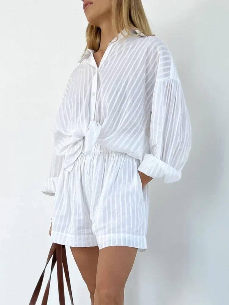 FREE SHIPPING Women Casual Striped Set Lantern Sleeve Shirt Elastic Waist Shorts Summer Outfit OUT1045