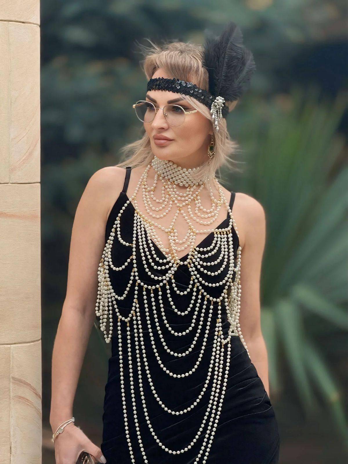 Vintage 1920s Flapper Dress Accessory Pearl Body Chain Jewelry Harness OUT1044