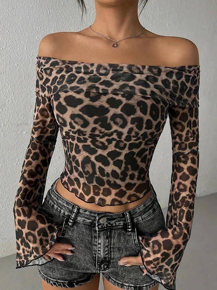 Women Sexy Long Sleeve Streetwear 2025 Leopard Print Off Shoulder Top OUT1048