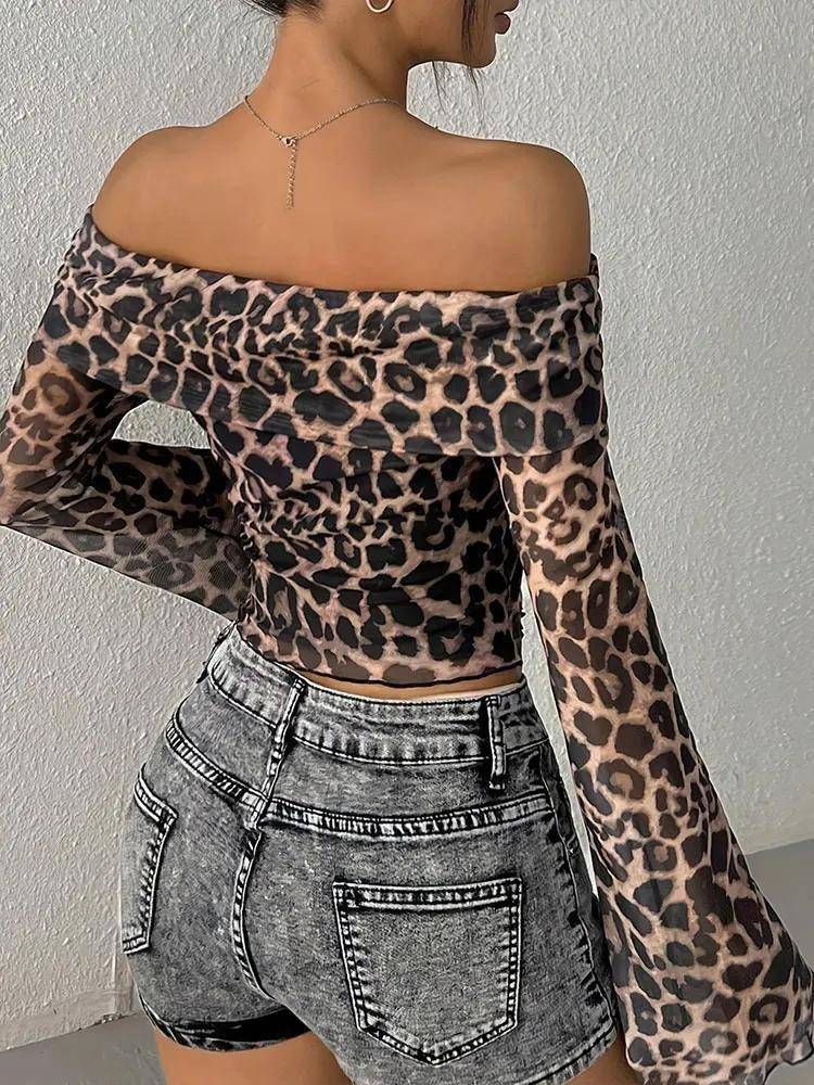 Women Sexy Long Sleeve Streetwear 2025 Leopard Print Off Shoulder Top OUT1048 Women Sexy Long Sleeve Streetwear 2025 Leopard Print Off Shoulder Top OUT1048