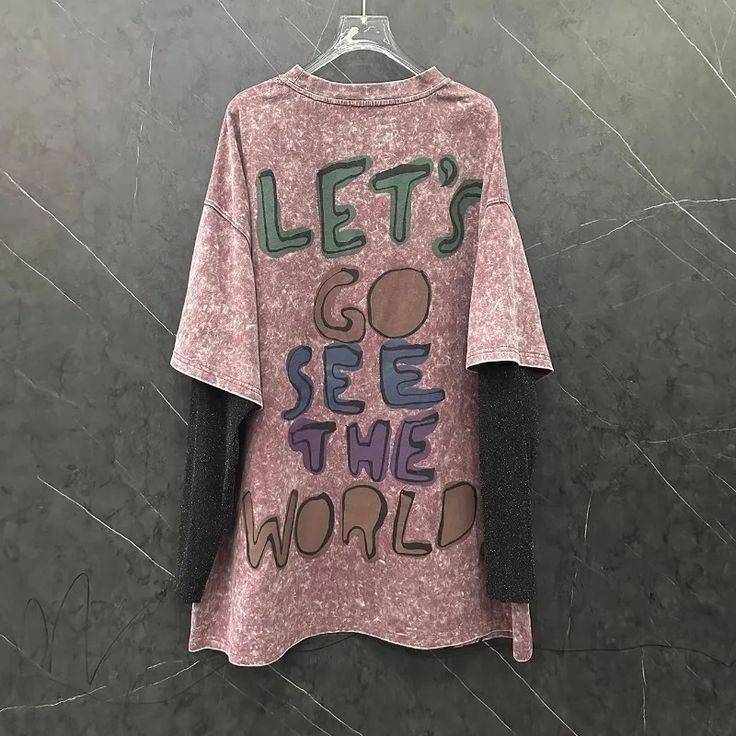 FREE SHIPPING Vintage Washed Minnie Graphic Oversized T-Shirt Women 2025 Lets Go See The World Streetwear Loose Top OUT1039