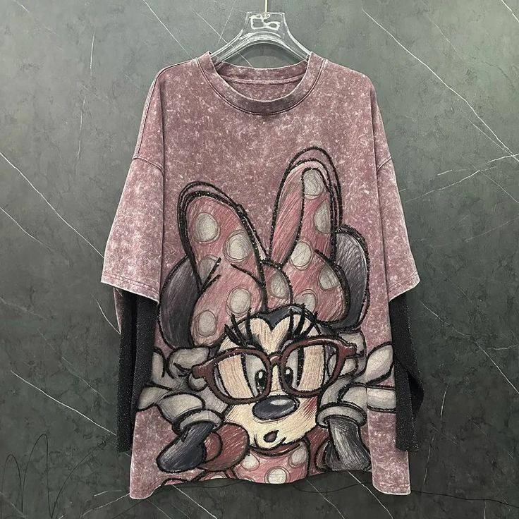 FREE SHIPPING Vintage Washed Minnie Graphic Oversized T-Shirt Women 2025 Lets Go See The World Streetwear Loose Top OUT1039