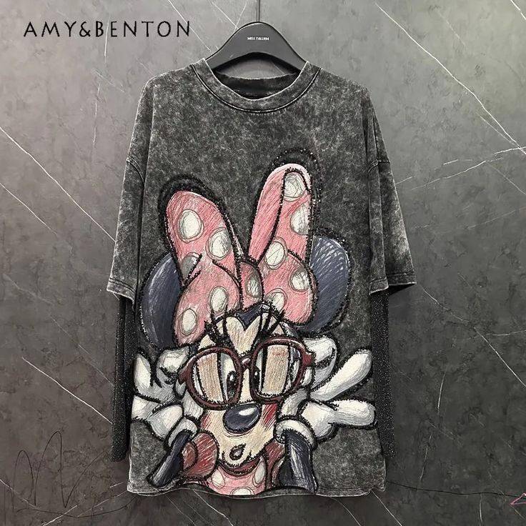 FREE SHIPPING Vintage Washed Minnie Graphic Oversized T-Shirt Women 2025 Lets Go See The World Streetwear Loose Top OUT1039
