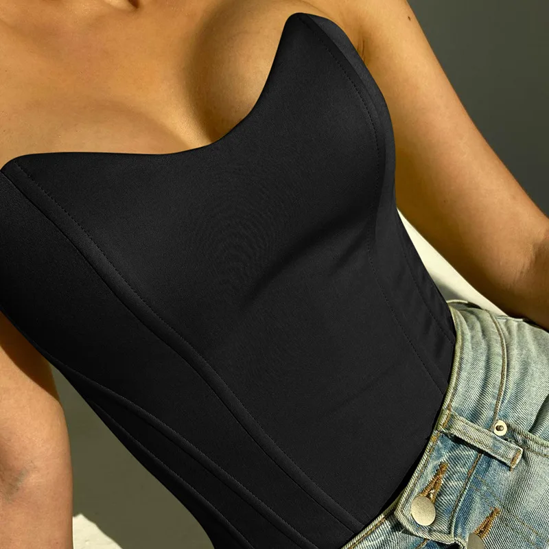 Sexy Slim Fit Black Cropped Vest Strapless Corset Tube Top for Women OUT1050
