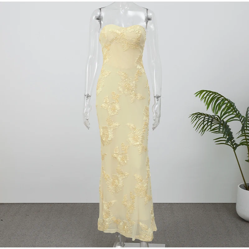 FREE SHIPPING Elegant Yellow Lace Maxi Dress Strapless Slim Fit Evening Gown OUT1082