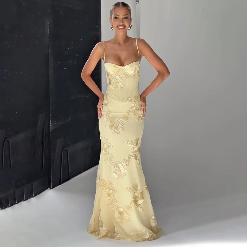 FREE SHIPPING Elegant Yellow Lace Maxi Dress Strapless Slim Fit Evening Gown OUT1082