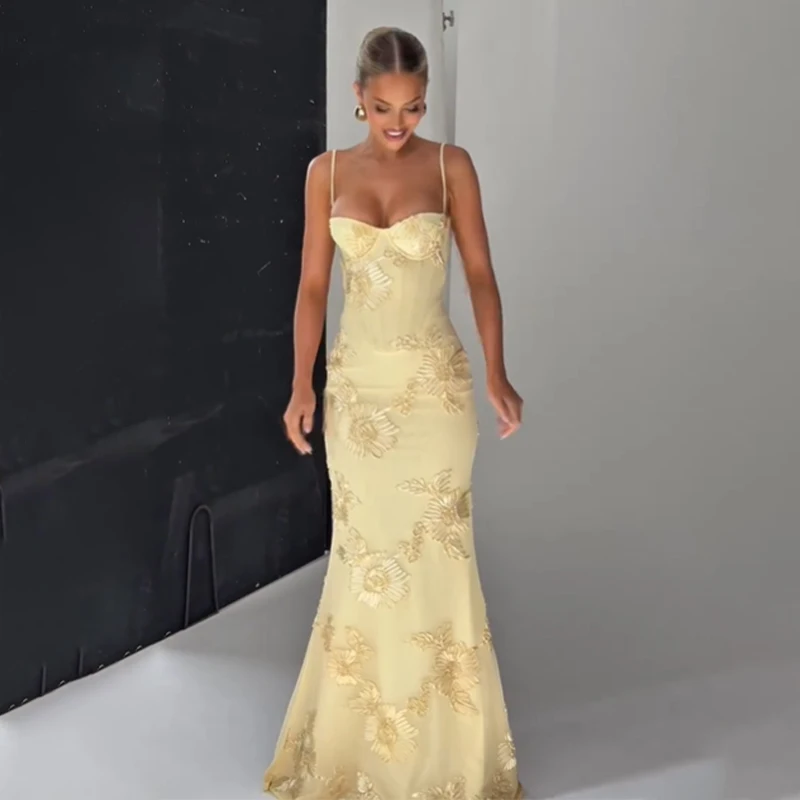 FREE SHIPPING Elegant Yellow Lace Maxi Dress Strapless Slim Fit Evening Gown OUT1082
