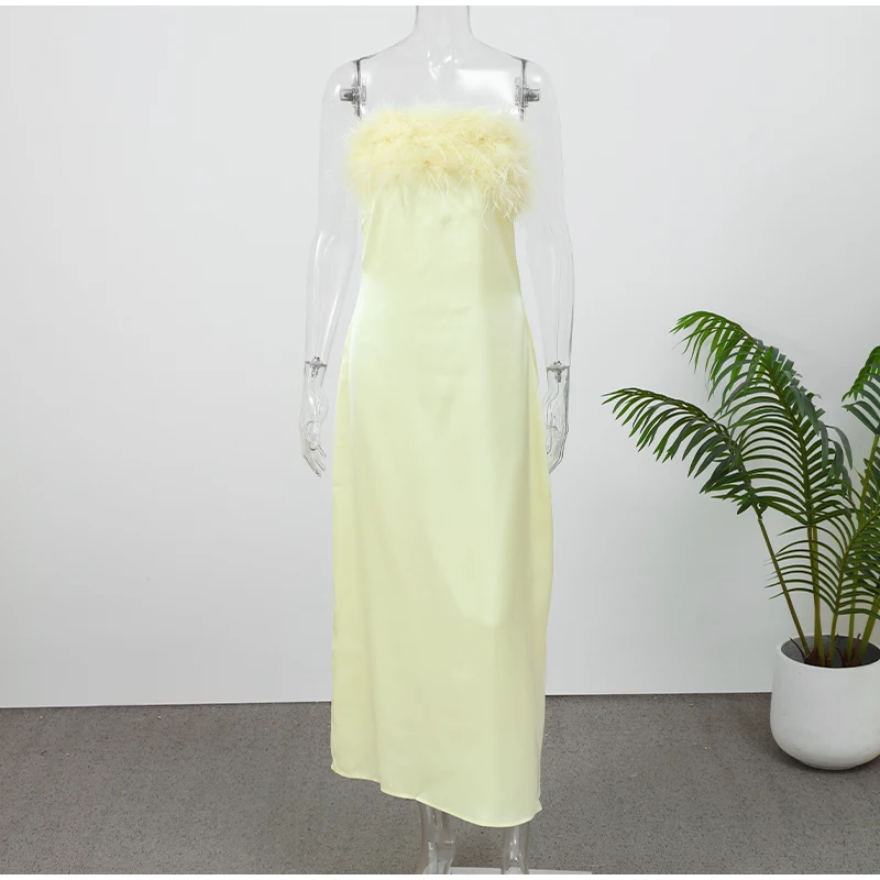 FREE SHIPPING Elegant Yellow Lace Maxi Dress Strapless Slim Fit Evening Gown OUT1082