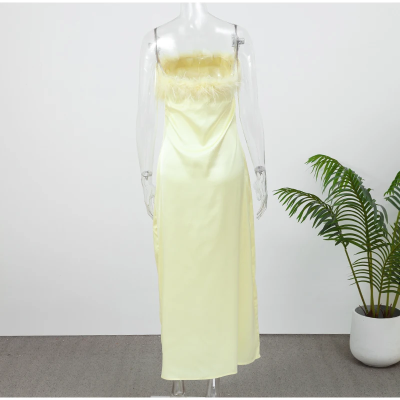 FREE SHIPPING Elegant Yellow Lace Maxi Dress Strapless Slim Fit Evening Gown OUT1082