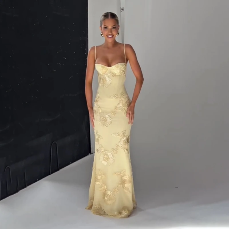 FREE SHIPPING Elegant Yellow Lace Maxi Dress Strapless Slim Fit Evening Gown OUT1082