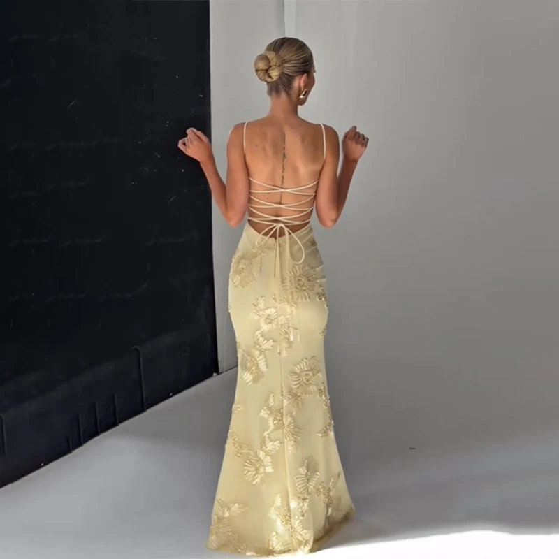 FREE SHIPPING Elegant Yellow Lace Maxi Dress Strapless Slim Fit Evening Gown OUT1082