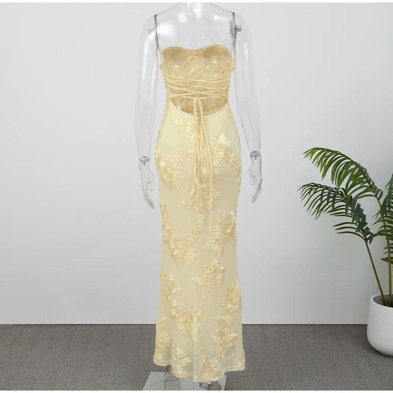 FREE SHIPPING Elegant Yellow Lace Maxi Dress Strapless Slim Fit Evening Gown OUT1082