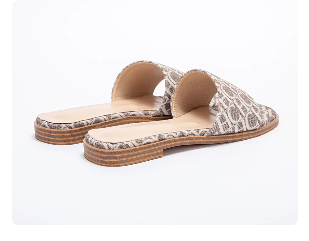Classic Simple Design Chic Beige Pattern Flat Slides Women Summer Slip On Sandals Anti slip Sole OUT1085