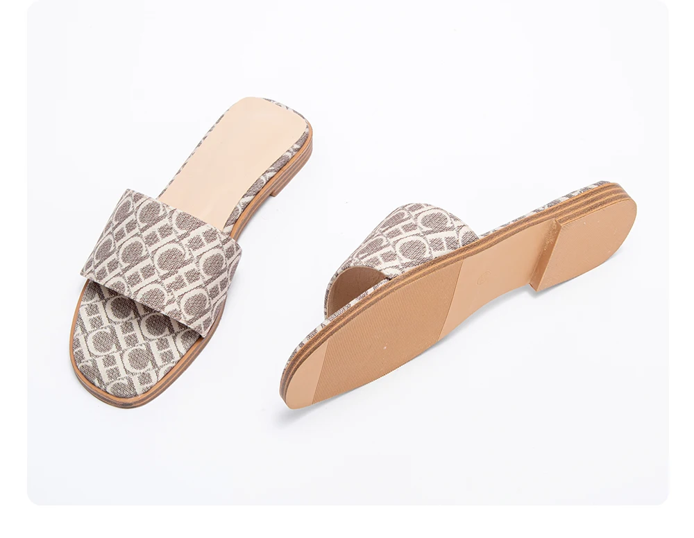 Classic Simple Design Chic Beige Pattern Flat Slides Women Summer Slip On Sandals Anti slip Sole OUT1085