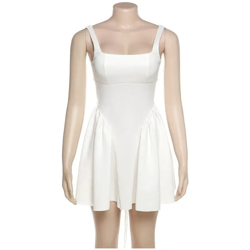 White Pleated Bow Sling Mini Dress Women Backless Sleeveless Party Dress OUT1088